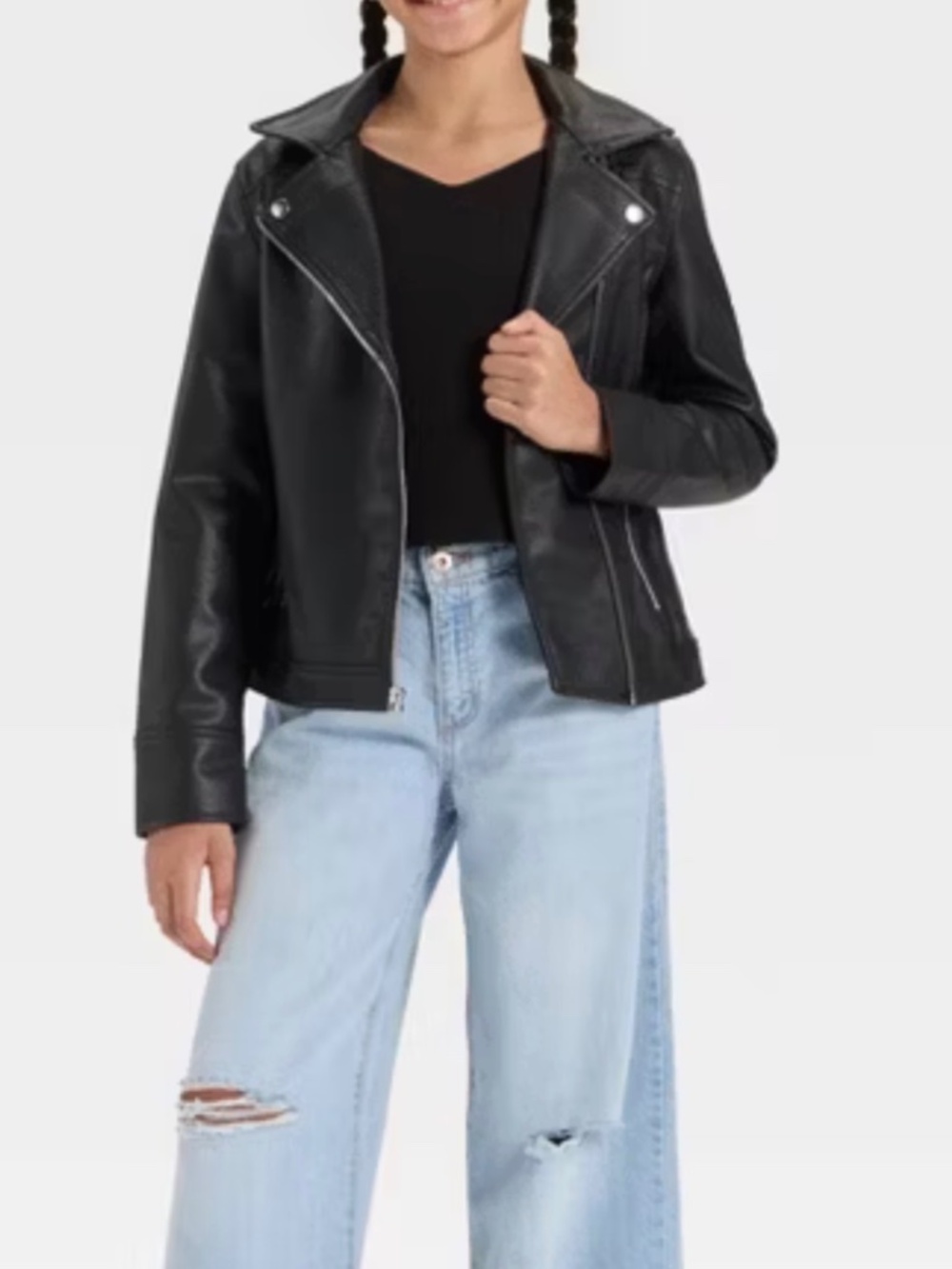 Art Class Girl Faux Leather Moto Jacket Large 10/12 Asymmetrical Zipper black